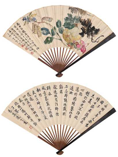 陆抑非 花卉 书法 成扇